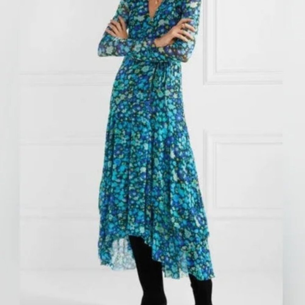 GANNI Mesh Wrap Dress Blue Floral Print